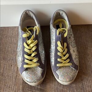 Golden Goose Super Star Glitter Sneakers with Yellow Laces